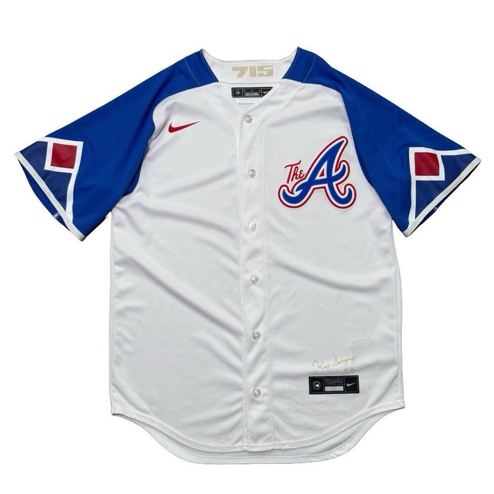 Nike Atlanta Braves Hank Aaron 715 Jersey Mens M Keep Swinging 2023 Blue White